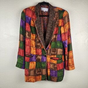 Vtg Platinum Dorothy Schoelen Womens Small WindowPane Rayon Funky Long Blazer